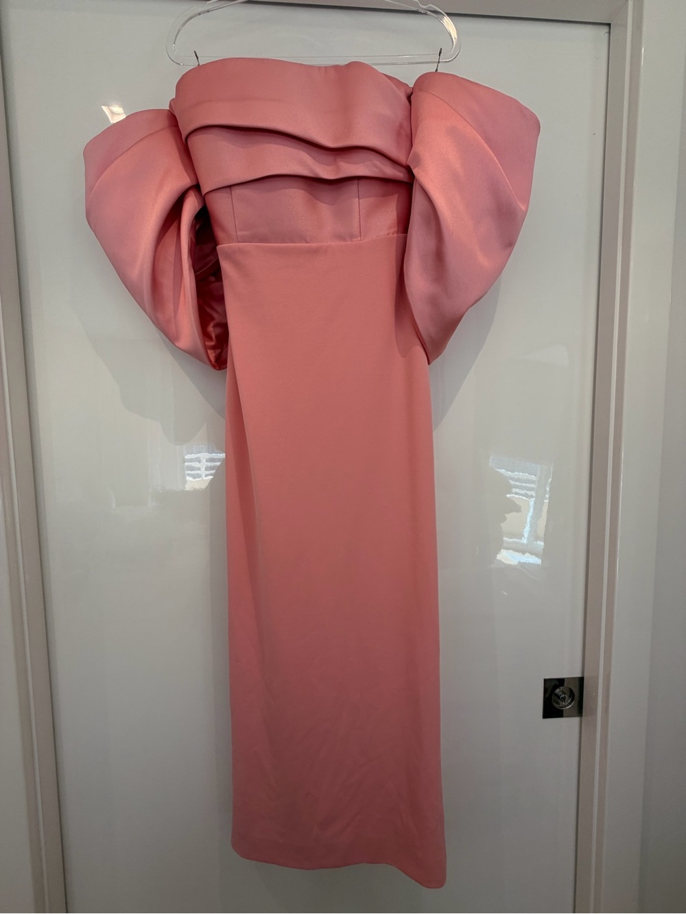 Solace London Strapless Rose Pink Evening Dress with Dramatic Folded Bodice